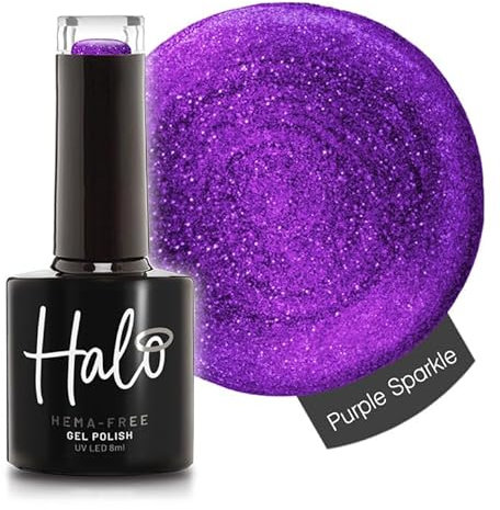 Halo Gel Polish 8ml - Purple Sparkle. UV/LED Gel Nail Polish, Long Lasting & Easy To Apply. Nail Art Colours For Manicure & Pedicure. Gel Polish For Professional & Home Use.