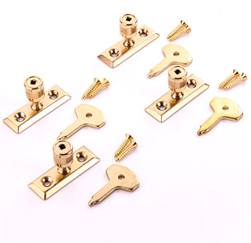 4X Brass Plated Window Stays + Keys - Wooden Frame Casement Lock Turn/Catch/Latch Fixings