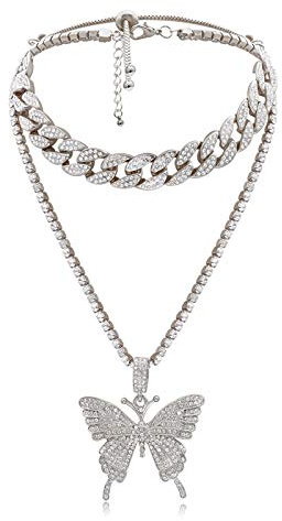 AILUOR Butterfly Cuban Link Necklace Set, Women Hip Hop Choker Big Butterfly Pendant Necklace Chain Iced Out with Bling Rhinestones, Fashion Accessory for Hip Hop Lovers Women (Silver)