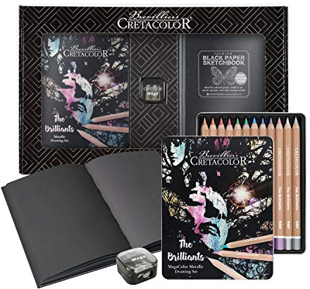 CRETACOLOR The Brilliants Metallic Zeichenset mit Premium-Zeichenbuch und Spitzer in schöner Verpackung, Bunt, 12 Metallic Buntstifte, weicher und satter Farbauftrag, hochwertiges Black Sketchbook