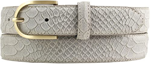 BELTINGER Damen-Gürtel mit Pythonprägung und goldener Gürtelschnalle 3 cm | Leder-Gürtel für Damen 30mm Schlangen-Optik | Schlangen-Muster | Hellgrau 90cm