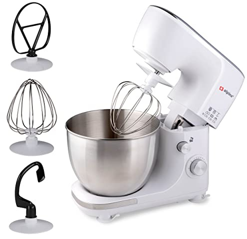 alpina Robot da cucina - 3 accessori - Ciotola in acciaio inox - Illuminazione ciotola - Impastare, mixare, frusta - Bianco
