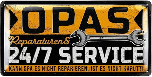 LANOLU Retro Blechschild OPAS SERVICE - Schild Werkstatt OPA - Geburtstagsgeschenk oder Vatertagsgeschenk Schild für Opas - lustige retro Deko mit Spruch - vintage Metallschild mit Wölbung, 16x32cm