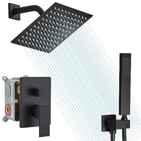annazom Shower Faucet Set Rain Shower System Matte Black with High Pressure 8-Inch Shower Head Handheld Square Shower Head Bathroom Luxury Rain Shower Faucet Shower Complete Combo Kit Wall Mounted