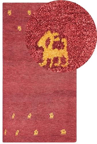 Beliani Gabbeh Teppich rot aus Wolle 80 x 150 cm Hochflor abstraktes Tiermuster weich Yarali