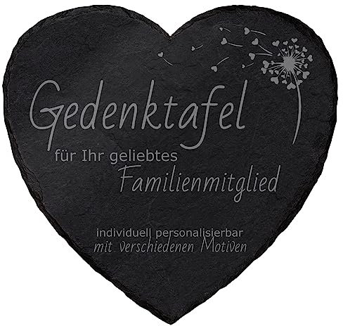 mtb more energy Gedenktafel Grabstein aus Schiefer mit Gravur - wähle passende Motive und Schriftarten - Herz (25 x 25 cm) - Grabplatte Gedenkbild Kondolenzfeier