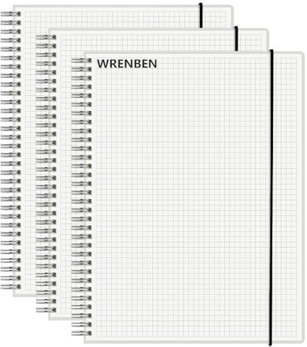 WRENBEN Graph Paper Spiral Notebook 8.5 x 11 Inches 240 Pages, A4 Grid Journal with 120gsm Thick Graphing Paper, Large Math Notebook 1/5 Inch Squares with Water-proof PVC Cover (3 Pack, A4)