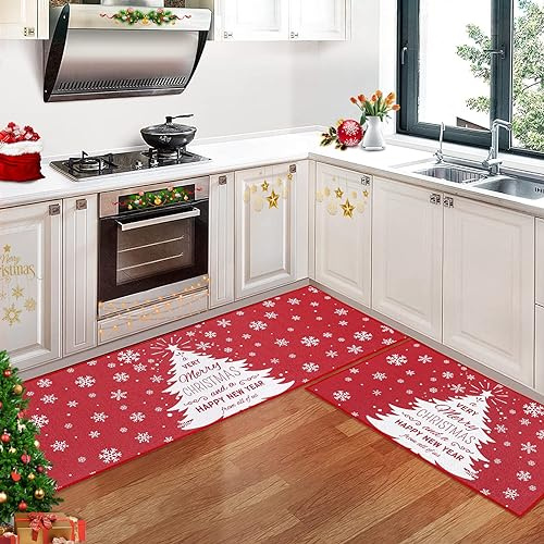 CAROMIO Weihnachts Küchenmatten 2 Stück, Weihnachts Küchenteppiche aus Flachs Bauernhaus Schneemann und Weihnachtsbaummatten für Weihnachtsküchendekorationen für Zuhause, 40 x 60 cm + 40 x 120 cm