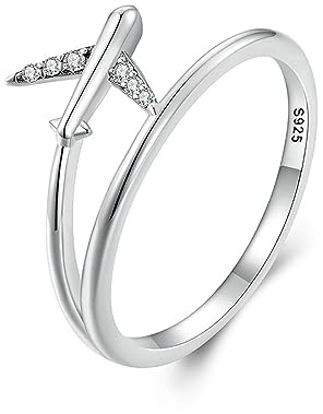 IMINI Anello a strati in argento Sterling 925 per donne e ragazze con aereo impilabile CZ promessa di fidanzamento anelli comodi da indossare carino viaggio mondo souvenir BFF gioielli regalo, Argento