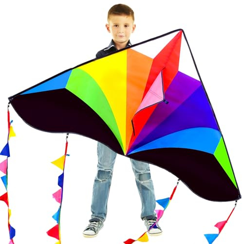 Kaiciuss Rainbow Kite for Kids & Adults Easy to Fly, Large Single Line for The Beach, 55 x 28 Delta Kite Comes with 300 FT String Handle