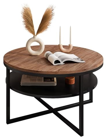 lukmebel Couchtisch rund - CIRI-X runder - Beistelltisch rund - Kaffetisch - Industrial Deko - Deko Wohnzimmer - Kleiner Beistelltisch - Sofatisch - Kleiner Tisch - Schwarz/Stirling Eiche