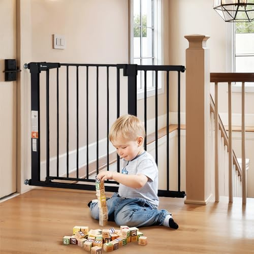 COMOMY Säkerhetsgrind utan Borrning för Barn och Hund, Barngrind för Trappor och Dörrar, Automatisk Stängning - Standard, 75–110 cm (Höjd 76 cm), Svart