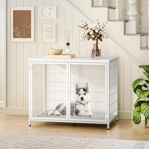 MAHANCRIS Hundekäfig Möbel, 80 cm Hundebox mit Kissen, 2 Tür, Doppeltür, Holzwerkstoff, für Kleine/Mittelgroße/Große Hunde, 80 x 55 x 65 cm, Hundekäfig für Zuhause, Weiß ADCBW0701