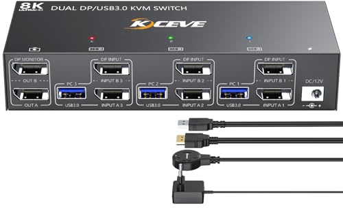 Switch KVM USB 3.0 DP 2 moniteurs 3 ordinateurs, Switch KVM YOUTINGHDAV 4K @ 144 Hz, KVM Swutch Dual Monitor Displayport 1.4, commutateur KVM USB partager 4 périphériques USB Switch clavier-souris