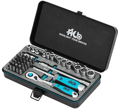 HB AKM019-G Juego Carraca Offset 120 Dientes 47 Piezas 1/4 CR-V & S2 | Llaves de Vaso Profesionales Mecánico Automoción Taller Bricolaje | Maletín Metálico con EVA – Hecho en Taiwán