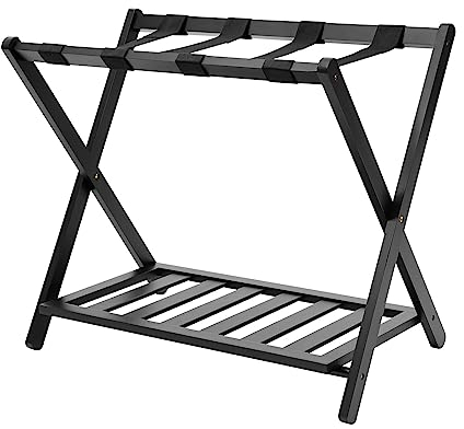 Wiyuer Faltbare Gepäckständer Doppelte Gepäckträger Bambus Standregal Schuhregal Regal Reise Koffer Schuh Aufbewahrungshalter für Hotels Motels oder Ferienvermietungen vorgestellt 69x35x57cm