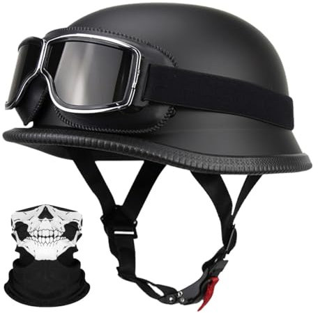RQTEUYE German Style Motorcycle Retro Half Helmet ECE Approved, Vintage Open Face Motorbike Helmet with Adjustable Quick Release Buckle for Chopper Cruiser Street Scooter (22.4-25.2in)