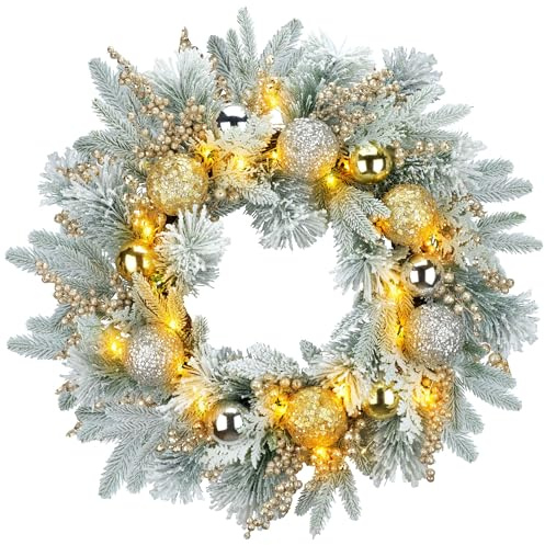 YULETIME 61 cm Weihnachtskranz, künstlicher Feiertagskranz mit Kugeln, Beeren, Blättern, Fichtenzweigen, verschneiten Tannennadeln (Goldfarbene Kugel) (Keine Lichter) | Künstlicher Weihnachtskranz mit Kugeln, Beeren, Blättern, Fichtenzweigen, schneebedeckten Kiefernnadeln