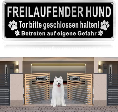 KEUGT Freilaufender Hund Gebürstetes Alu 25x9cm, Achtung Hund Schild, Reflektierend, Schwarz, Warnschild, Hundewarnschild, Funktional, Innen/Außen