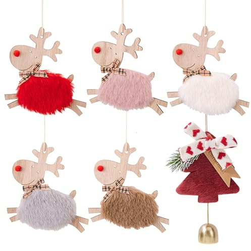 6 Stück Weihnachtsbaum Anhänger Elch Deko Christbaumschmuck Filz Holz Weihnachtsdeko Mini Rentier Weihnachtsschmuck für Weihnachtsbaum Feiertag Party Deko