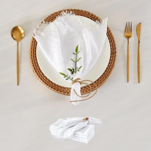 WAITER TREE Stoffservietten 6 Stück weiche Reine Baumwolle mit Fransen atmungsaktiv quadratisch rustikal handgefertigte Servietten für Abendessen Partys Hochzeiten 49 cm * 49 cm Hellweiß