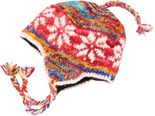 GURU SHOP Wollmütze mit Ohrenklappen, Norwegermütze, warm | Fleecefutter, ideal für kalte Tage, Unisex, aus Nepal, geflochtene Zöpfe