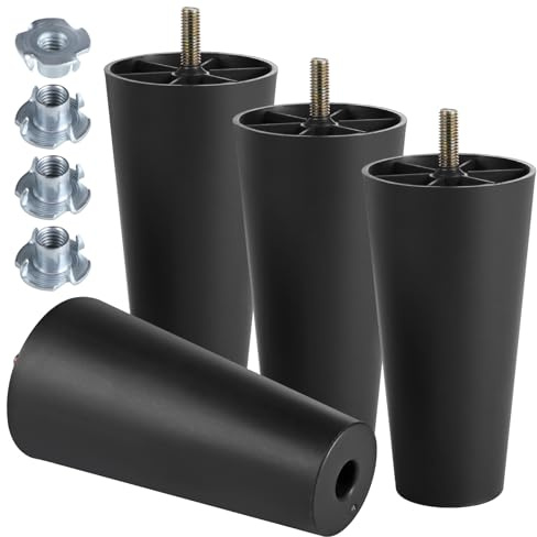 8 inch Plastic Furniture Legs, Round Tapered Table Legs Black Sofa Legs Replacement Legs with M8 Hanger Bolts for Couch Table Sofa, Pack of 4