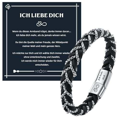 Herren Armband Geschenk für Männer - Leder Armreif Schwarz Ich Liebe Dich Lederarmband Herren Armband mit Gravur, Herrenarmbänder Geschenke für Weihnachten/Valentinstag/Jubiläum/Geburtstag (BL-695S)