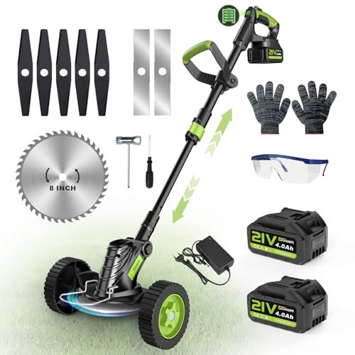 Rasentrimmer mit Akku, Gisam 8 Bürstenlose Freischneider mit 2x4.0AH Batterie, Trimmer Garten mit 3 Klingentypen, Abnehmbare Räder, Teleskopische Verstellung für Rasen Garten