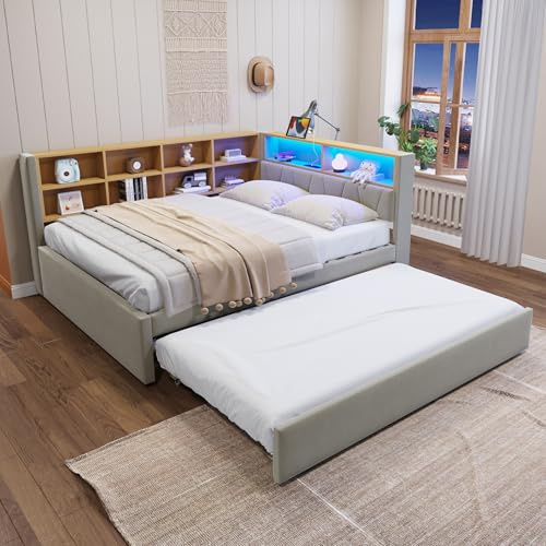 Polsterbett Doppelbett 140x200, Tagesbett Schlafsofa mit Ausziehbett&LED Licht&USB-Anschluss&vielen Ablagefächern, Bettgestell Gästebett Jugendbett mit Lattenrost, Flanell, Ohne Matratze, Hellgrau