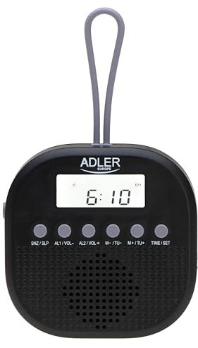 Adler Radio da bagno digitale AD 1912, IPX4 impermeabile, FM 87.5-108 MHz, display LCD, funzione di allarme, funzione snooze, gancio in silicone flessibile, nero