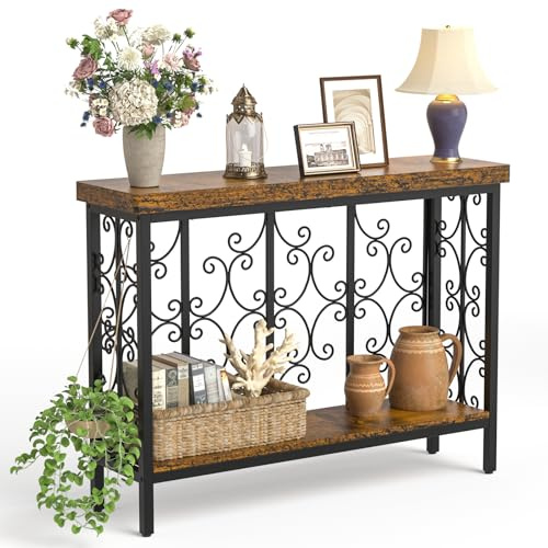ikkle Console Table - 42.5 Industrial Hallway Table with 2-Tier Storage Shelf, Wood Behind Sofa Table Plant Stand Shelf TV Stand for Entryway, Living Room, Foyer, Rustic Brown