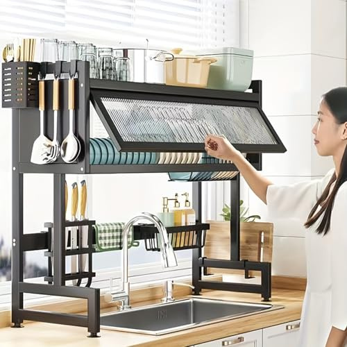 SUJOSAJU Over the Sink Dish Drying Rack with Cover, Kitchen Utensil Holder Drainer for Cutlery and Bowls