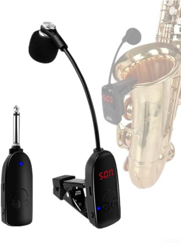 Feeshoppher Sistema de micrófono inalámbrico UHF profesional para saxofón inalámbrico, micrófono de instrumento UHF con clip de metal para trompeta alto y trombón alto