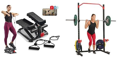 Sunny Health and Fitness Total Body Smart 2-in-1 Stepper Machine, Total Body Workout, Adjustable + Power Zone Squat Stand Rack Power Cage - SF-XF9931