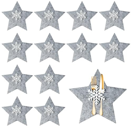 12 Stück Stern Besteckhalter Weihnachten Filz,Grau Weihnachtliche Tischdekoration,Deko Weihnachten Tisch,Weihnachtstisch Deko,Weihnachten Bestecktaschen,Weihnachtsdeko Tischdeko,Weihnachts Geschirr