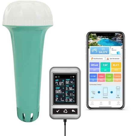 RYAKKA Max 7-in-1 Digital Pooltester Wiederaufladbar mit WLAN & Smart App Monitor – Chlor, pH, Salz, Temp, ORP, EC, TDS – Intelligenter Wassertester mit Auto-Alarm für Whirlpool Spa & Teich