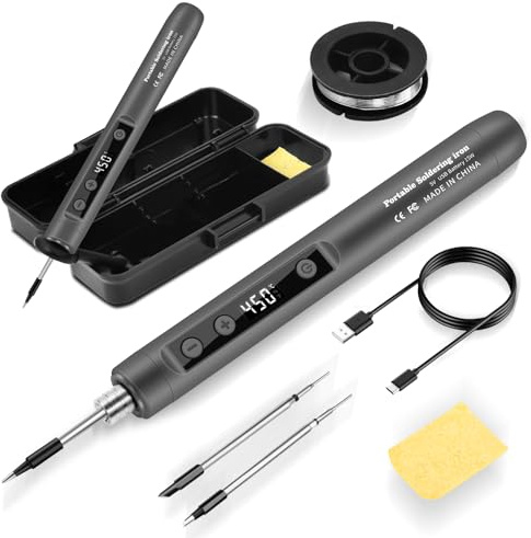 Daakro 2-in-1 Grey Rechargeable Soldering Iron Set, 180-450℃ with Adjustable Temperature, with LED Display Portable Soldering Pen for Jewelry Making,DIY Projects,Soldering Circuit Boards etc