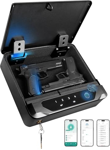 BOOSTEADY Cassaforte Biometrica Intelligente per Arma, Accesso Rapido a 4 Impronte Digitali, Cassaforte Portatile per 2 Pistole con Funzione Impronta Digitale/Tastiera Digitale/Chiave/Applicazione