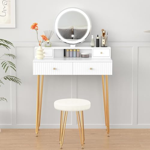 ALFORDSON Schminktisch mit Bleuchtung, Hairpin Beine, LED-Spiegel, Weiß | Makeup Tisch 80Bx40Tx132H cm, 4 Schubladen, 3 Lichtfarben, Dimmbare Helligkeit, Dressing table mit Hocker fürs Schlafzimmer
