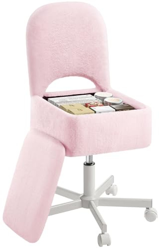 Rolanstar Schminktisch Stuhl mit Stauraum, Schminkstuhl, Höhenverstellbar, 360° Drehbar, Schreibtischstuhl mit Bequemer Klappbarer Rückenlehne, für Schminktisch, Schlafzimmer, Büro (Rosa, Größe L)