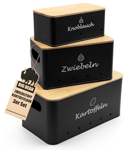 BigDean 3er Set Kartoffel Aufbewahrungsbox Kartoffelbox mit Bambus Deckel | für Kartoffel Zwiebel Knoblauch Zwiebel, Aufbewahrung Kartoffelkiste mit Belüftungslöcher