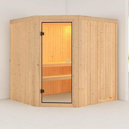 Karibu BODO | Sauna d'Angle Traditionnel 5-6 Places 196x178x198cm | Poêle 9kW, Épicéa Massif 68mm, Porte Vitrée Bronze, Ventilation Optimisée | Kit Montage Rapide