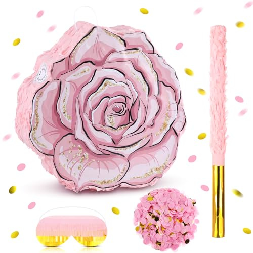 JolliLudo Pink Flower Piñata Set with Blindfold Bat and Confetti Floral Piñata Girls Party Game for Birthday Baby Shower Gender Reveal Wedding Spring Party (13.78 x 12.99 Inches)