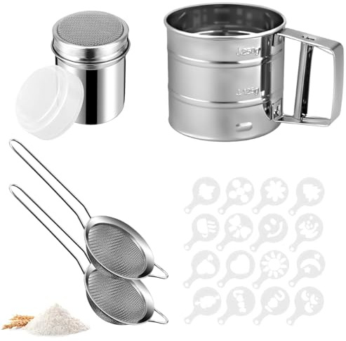Gykutix Lot de 5 Tamis Farine Acier Inoxydable Saupoudreuse Sucre Glace Tamiseur Farine à Une Main Tamis Cuisine Passoire Fine avec 16 Pochoirs à Café pour Cacao, Farine d'Abricot, Matcha, épices