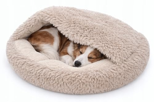 Odolplusz Rundes Kuschel-Hundebett und Katzenbett, Beige, Shaggy Bouclé, Schlafsack-Design, Warmes Höhlenbett, Rutschfester Boden, Maschinenwaschbar, für Mittelgroße Hunde und Große Katzen (80 cm)