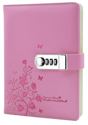 NectaRoy PU Pelle Diario Taccuino con Serratura a Combinazione, Farfalla e Motivo Floreale Creative Segreto Progettista Organizzatore con Portapenne, A5 Taglia 210x145mm