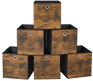 SONGMICS RFB102B01 Storage Box, Set of 6, Box with Handle, Non-woven and Oxford Fabric, 30 x 30 x 30 cm, Suitable for Cubic Furniture, Foldable, Clothes, Rustic Brown and Black