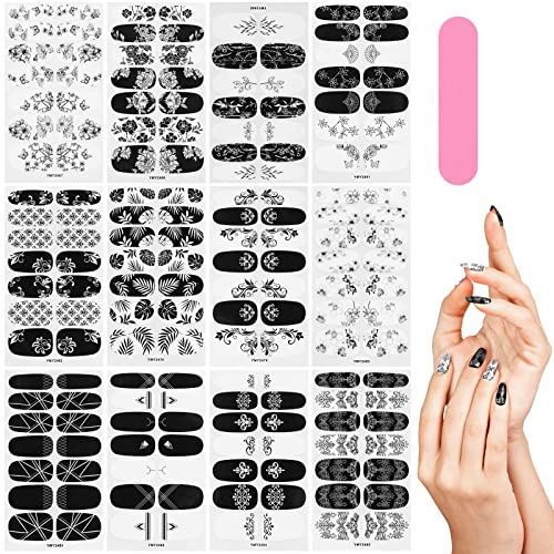 MWOOT 12 Blatt Full Wraps Selbstklebende Nagelkunst Sticker, Black White Nail Polish Decals Kit, Retro Schwarz Weiß Nagelsticker mit 1 Nagelfeile Set für DIY Halloween Weihnachten Maniküre Dekoration
