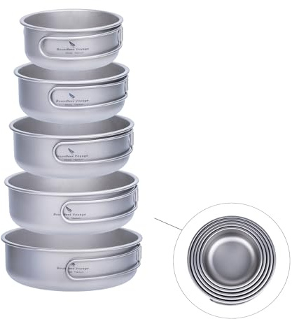 iBasingo Titan Geschirr Set Schüssel Teller Camping Töpfe Pfannen mit Klappgriff Outdoor Tragbare Kochset Leichtes Utensilien Bercher 350ml 500ml 600ml 700ml 800ml Pots Pans 5 Stück/Los Ti1096T